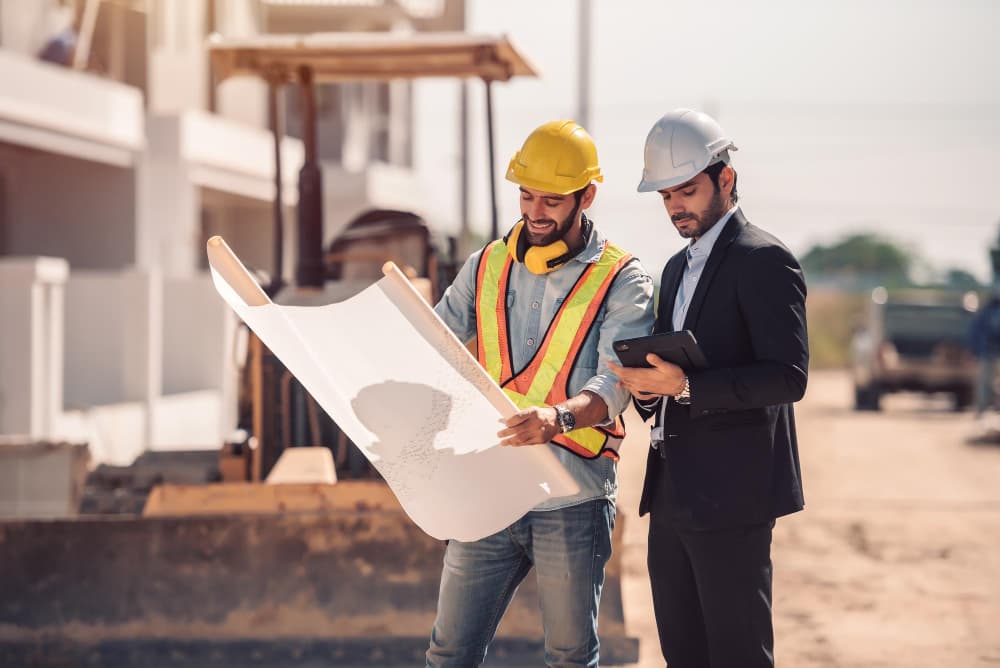 A contractor and a project manager reviewing drawings together on site